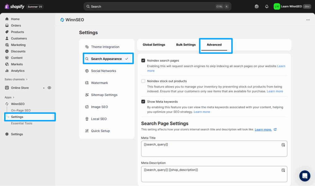 Winnseo's Advanced Setting Dashboard to Optimize Shopify SEO
