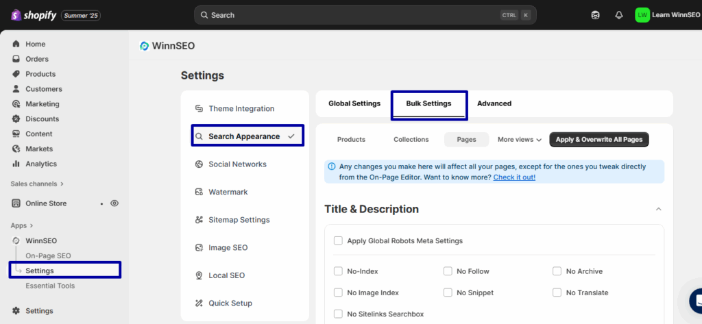 WinnSEO Page Bulk Settings 