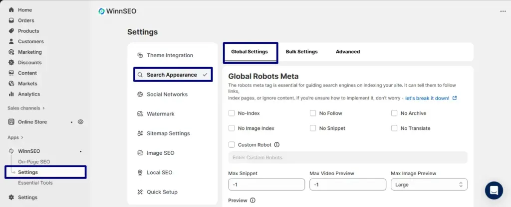 Find Global settings under search appearance
