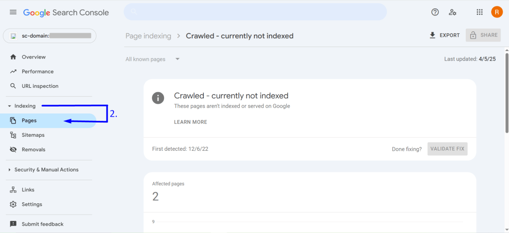 Go to Pages under the Indexing section
