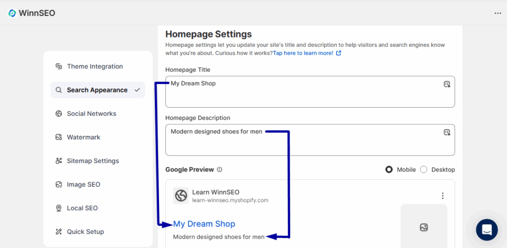 How to setting homepage appearance in Search Engine Result Page Using WinnSEO