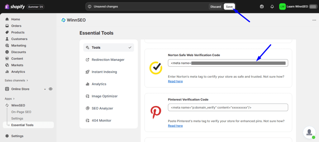 Insert the Norton verification code and save the changes