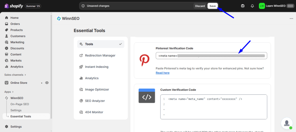 Insert the Pinterest verification code and save the changes