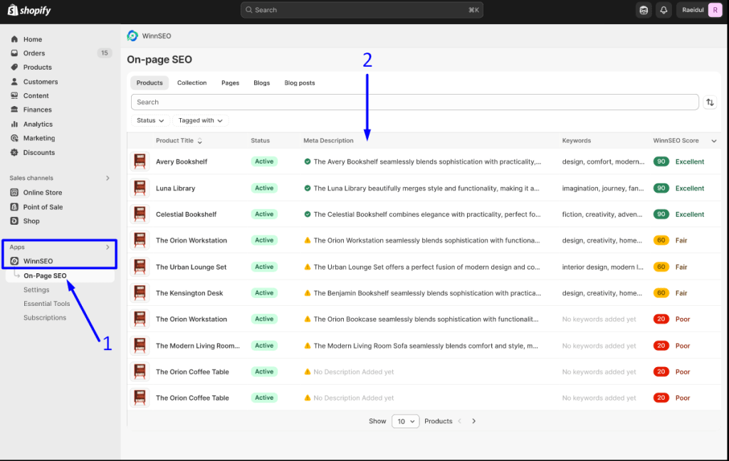 Navigate to the On-page section under WinnSEO