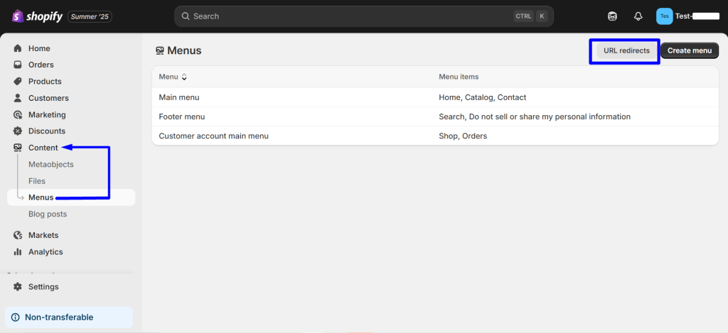Navigate to the content section and click on Menus