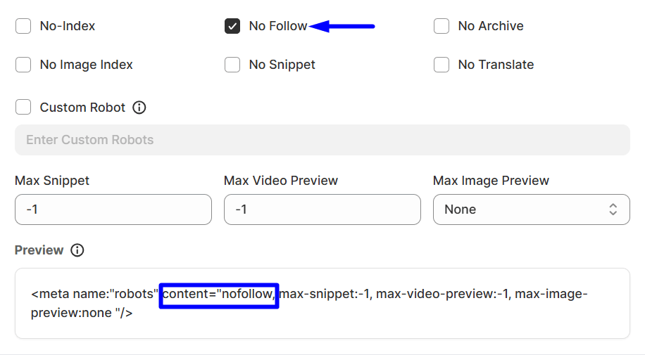 No follow option of global robots meta