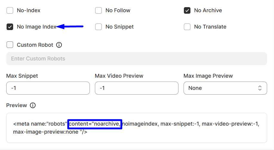 No image index option of global robots meta