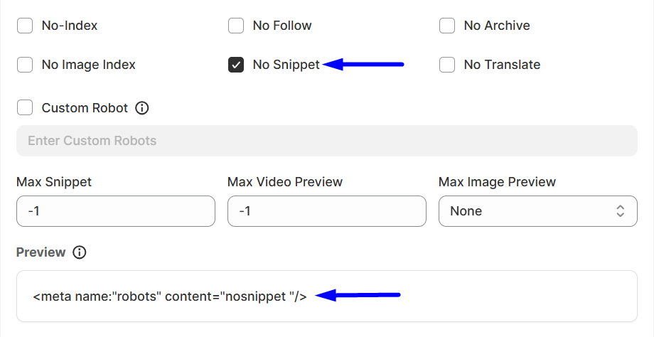 No snippet option of global robots meta