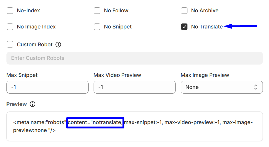 No translate option of global robots meta