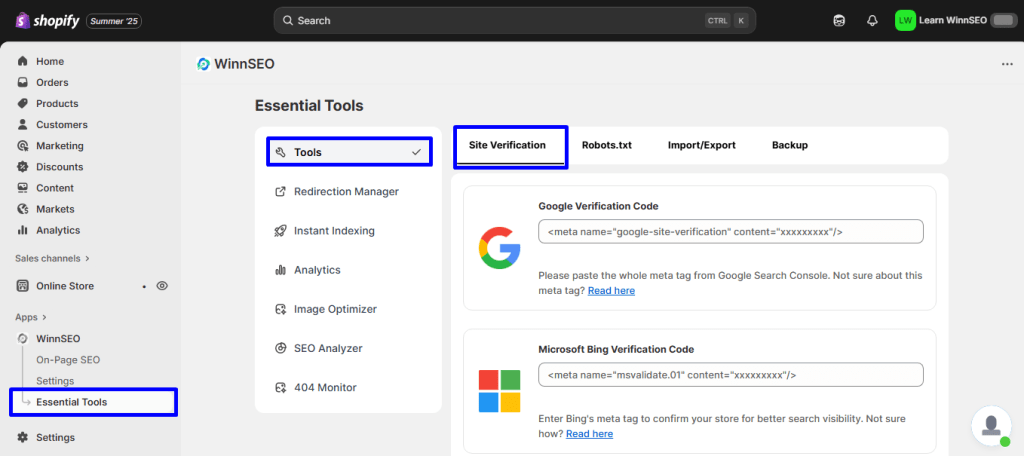 Site Verification section under Essential Tools
