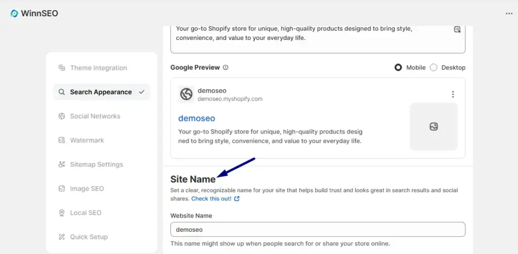 WinnSEO - #1 Shopify SEO App's Search Appearance Setting Page