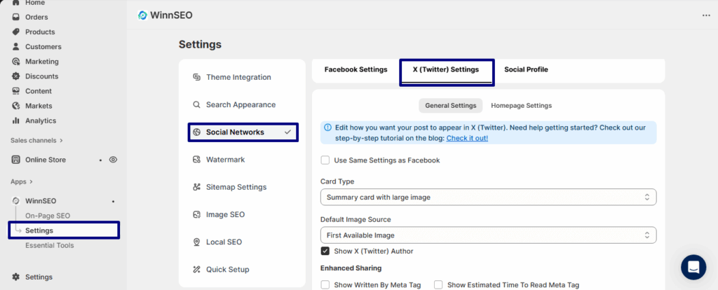 Twitter settings under WinnSEO settings