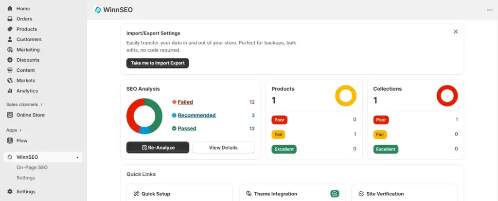 WinnSEO - #1 Shopify SEO App's Dashboard Page