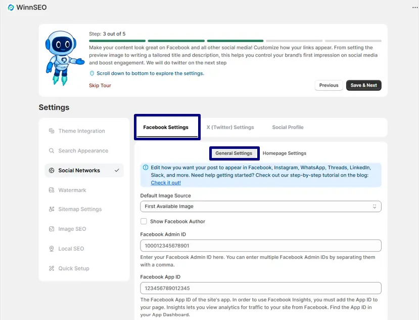 WinnSEO - #1 Shopify SEO App's  Facebook general settings page