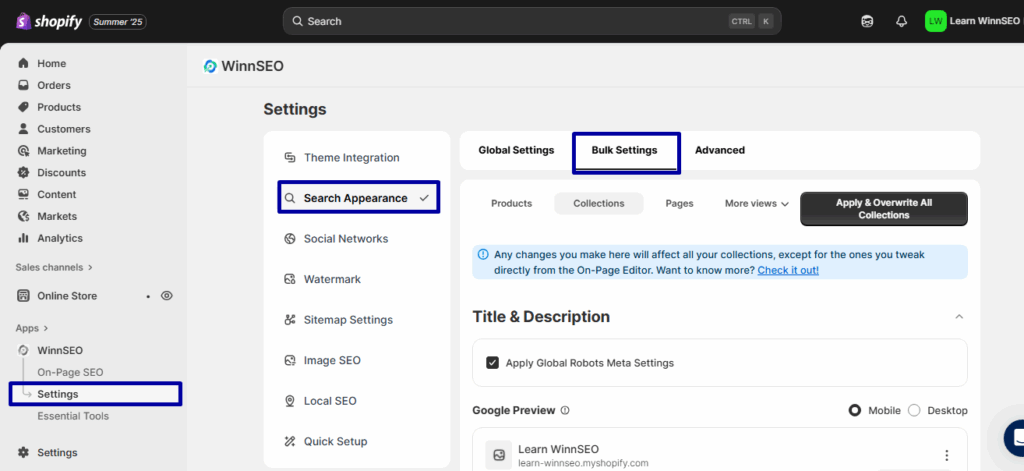 Manage bulk settings for collection with WinnSEO