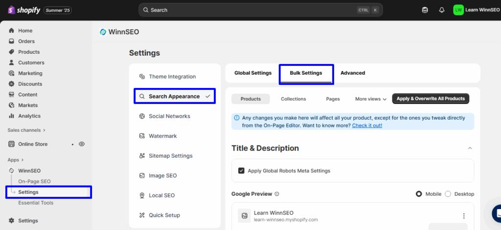 Find WinnSEO Products Bulk Settings