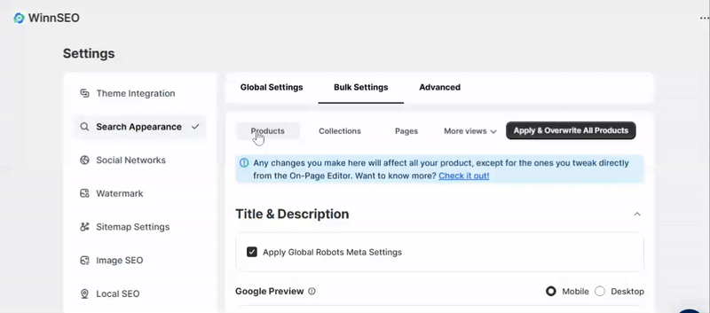 WinnSEO Products Bulk Settings