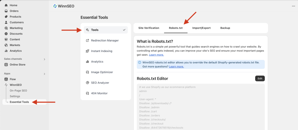 Shopify Store Robot.txt Editor with WinnSEO