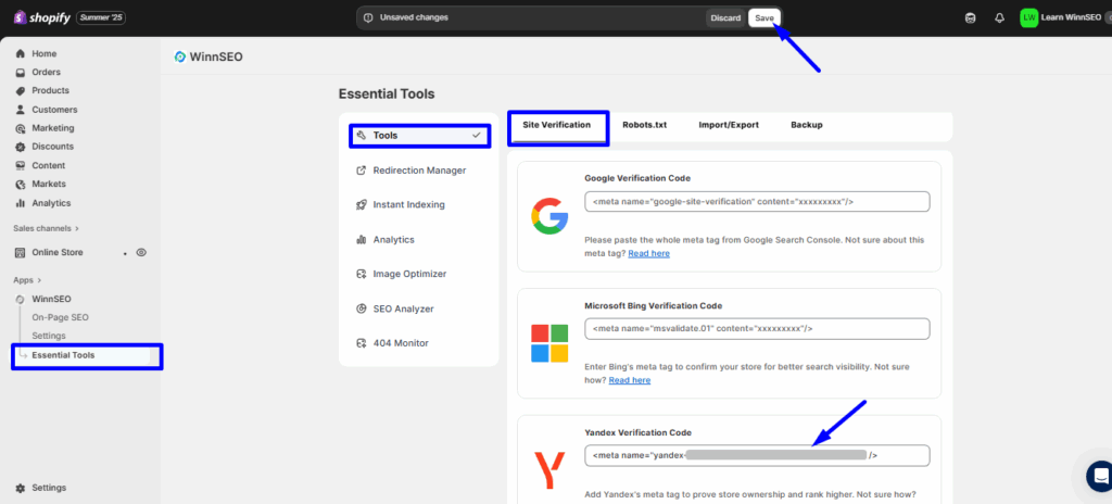 Paste the Yandex Verification Code in the field