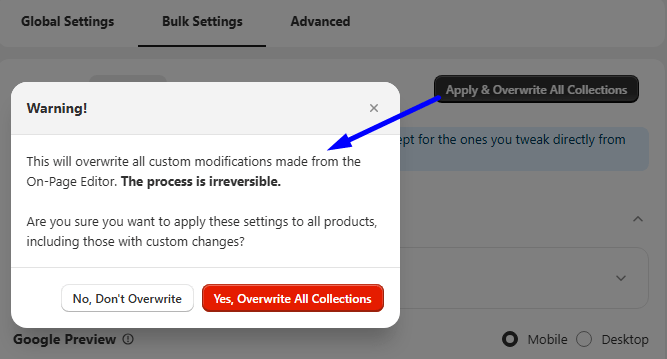 WinnSEO Bulk Setting Dashboard for Optimizing Bulk SEO in Shopify Stores with WinnSEO