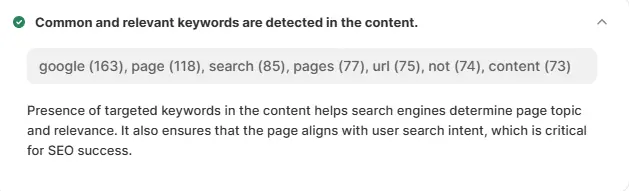 WinnSEO checks if your content has common and relevant Keywords