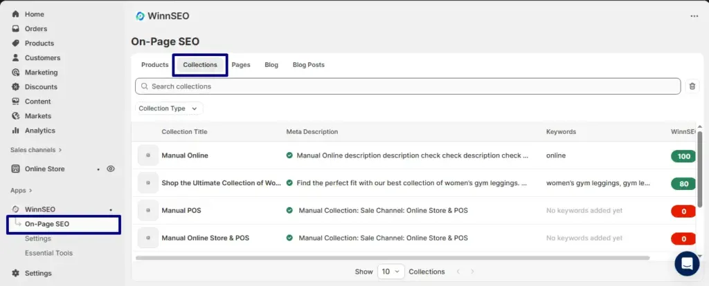 Find collections under on page SEO