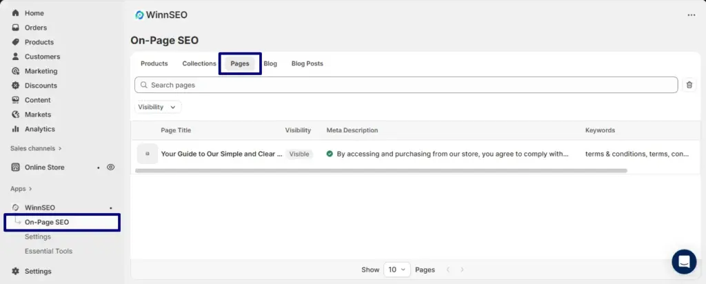 Find pages under on-page SEO