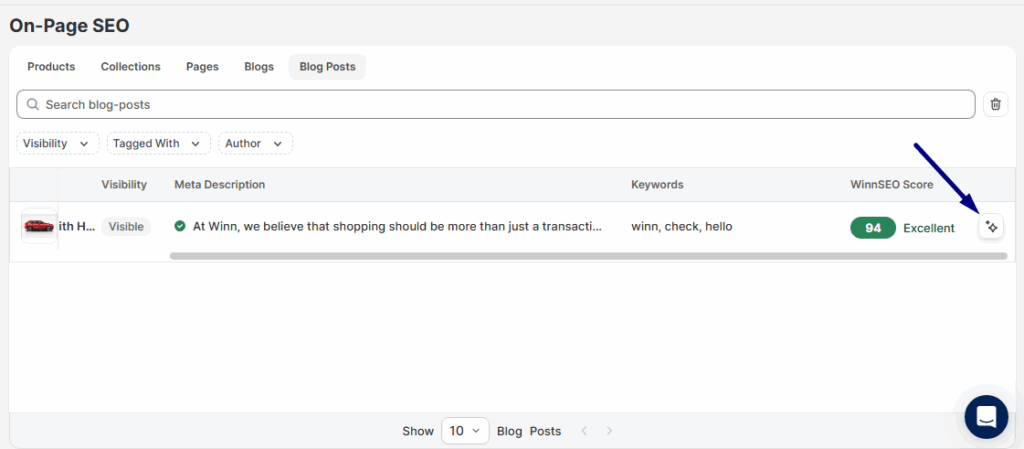 Click the Winnie icon to optimize blog post